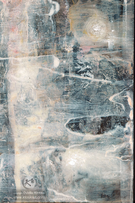 UNIQUE ONIRIC PAINTING SIGNED BY ROMANIAN MASTER OVIDIU KLOSKA – ABOUT COSMIC ENERGY / PERENITY/ LIGHT SIGNALS TERAIN ANCE STRAL LANSCAPE – DECALCOMANIA