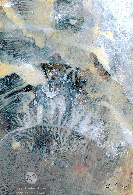 UNIQUE ONIRIC PAINTING SIGNED BY ROMANIAN MASTER OVIDIU KLOSKA – ABOUT COSMIC ENERGY / PERENITY/ LIGHT SIGNALS TERAIN ANCE STRAL LANSCAPE – DECALCOMANIA