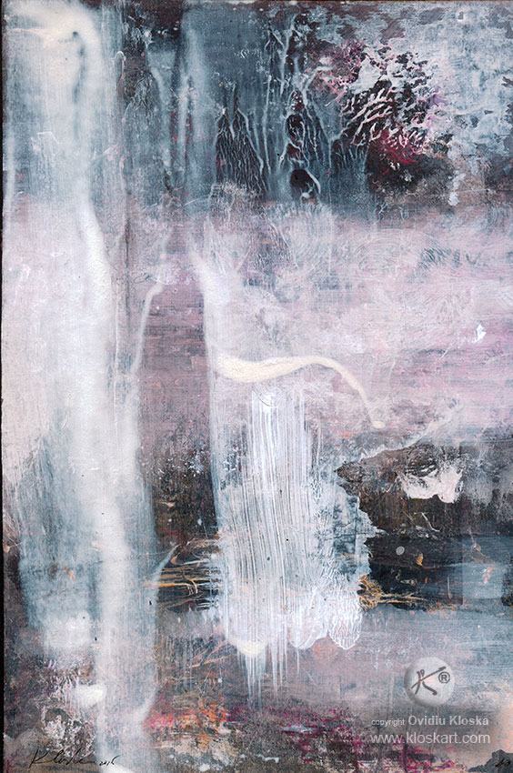 UNIQUE ONIRIC PAINTING SIGNED BY ROMANIAN MASTER OVIDIU KLOSKA – ABOUT COSMIC ENERGY / PERENITY/ LIGHT SIGNALS TERAIN ANCE STRAL LANSCAPE – DECALCOMANIA