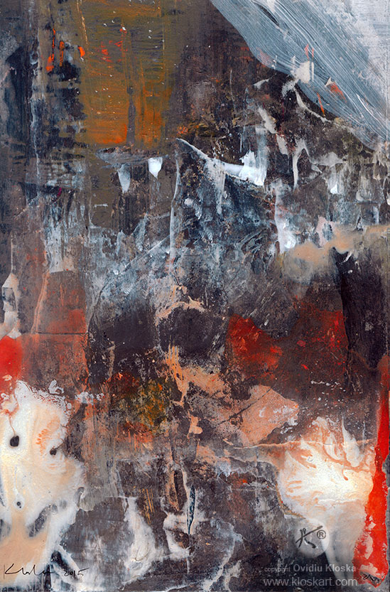 UNIQUE ONIRIC PAINTING SIGNED BY ROMANIAN MASTER OVIDIU KLOSKA – ABOUT COSMIC ENERGY / PERENITY/ LIGHT SIGNALS TERAIN ANCE STRAL LANSCAPE – DECALCOMANIA