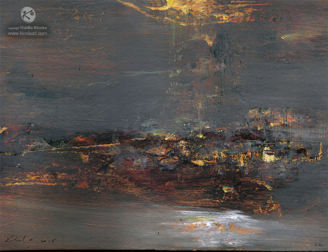 UNIQUE ONIRIC PAINTING SIGNED BY ROMANIAN MASTER OVIDIU KLOSKA – ABOUT COSMIC ENERGY / PERENITY/ LIGHT SIGNALS TERAIN ANCE STRAL LANSCAPE – DECALCOMANIA