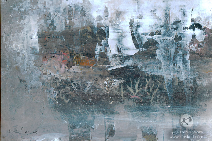UNIQUE ONIRIC PAINTING SIGNED BY ROMANIAN MASTER OVIDIU KLOSKA – ABOUT COSMIC ENERGY / PERENITY/ LIGHT SIGNALS TERAIN ANCE STRAL LANSCAPE – DECALCOMANIA