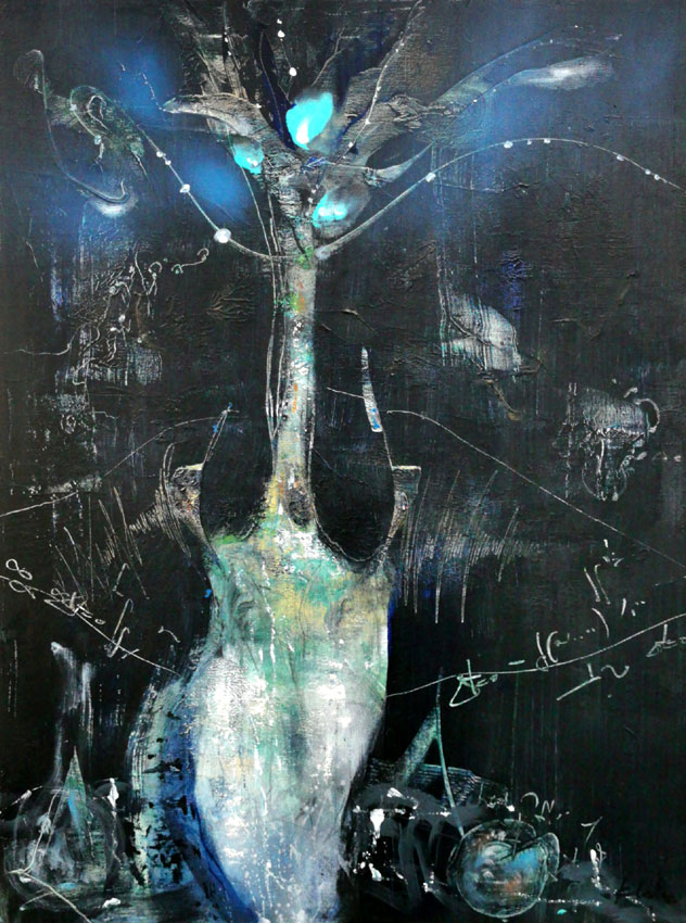 Enigmatic perennial large painting still life deep dark blue colors by O Kloska, 2020 / Available