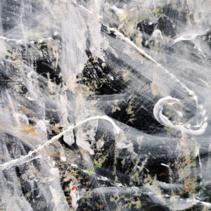 Close-up detail of an abstract contemporary painting with white expressive textures, black background and layered luminous brushstrokes.