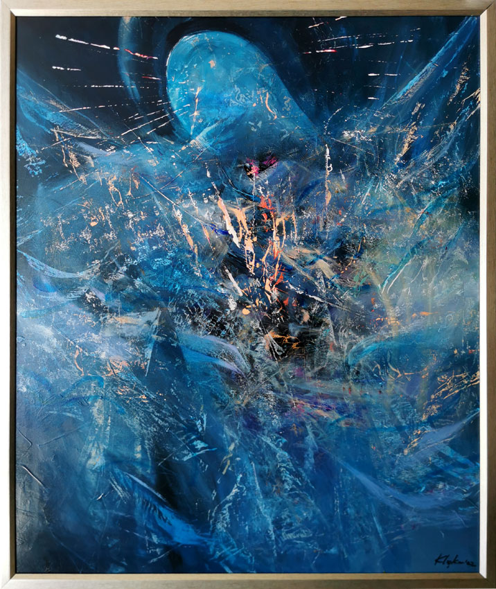 Large framed masterpiece dark blue angel series painting by KLOSKA