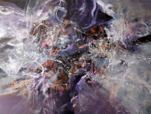 Large abstract painting with dynamic light, fractured forms, and a flying figure emerging through vibrant colors