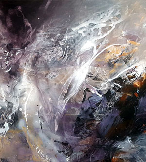 Abstract paintings with textured brushstrokes in black, white, and gold tones, expressing movement between darkness and light