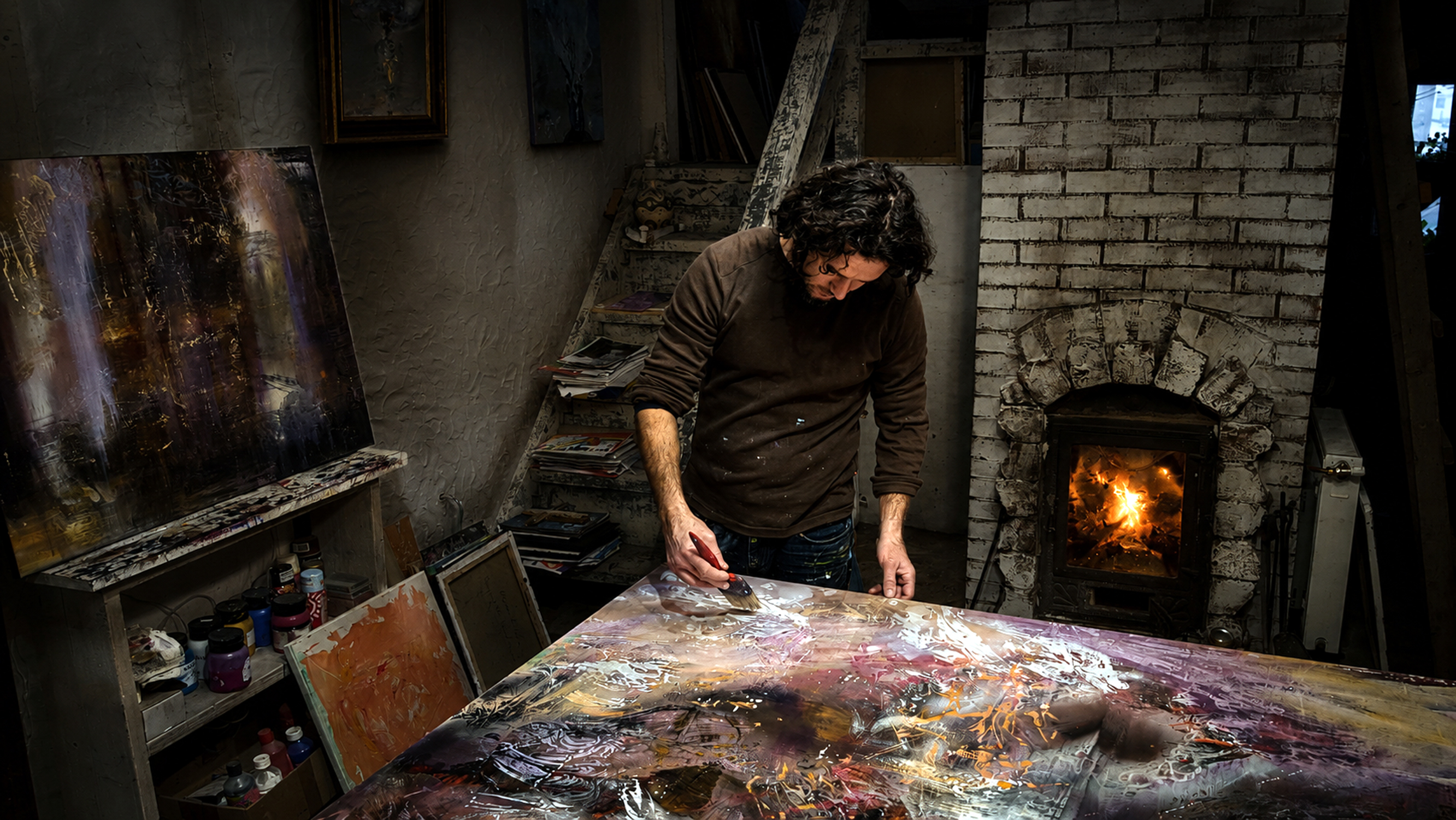 Artist working on a large contemporary abstract painting inside a moody studio illuminated by a fireplace, surrounded by canvases and art materials.